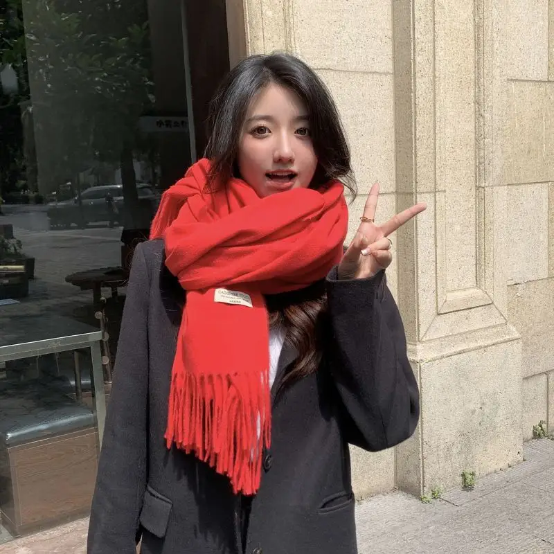Red Cashmere Plaid Scarf for Women Autumn Winter Warm Shawl - Image 2