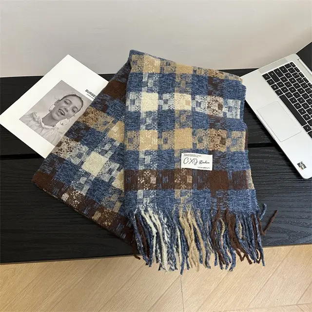 Red Cashmere Plaid Scarf for Women Autumn Winter Warm Shawl - Image 4