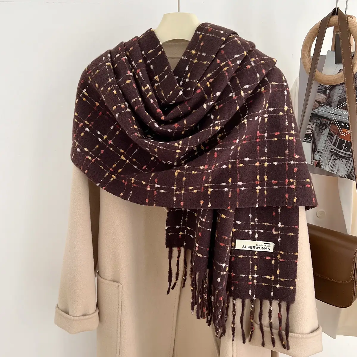 Red Cashmere Plaid Scarf for Women Autumn Winter Warm Shawl - Image 11