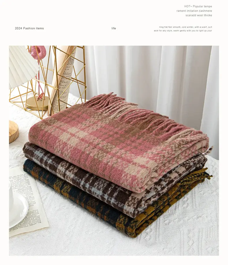 Red Cashmere Plaid Scarf for Women Autumn Winter Warm Shawl — feature 3