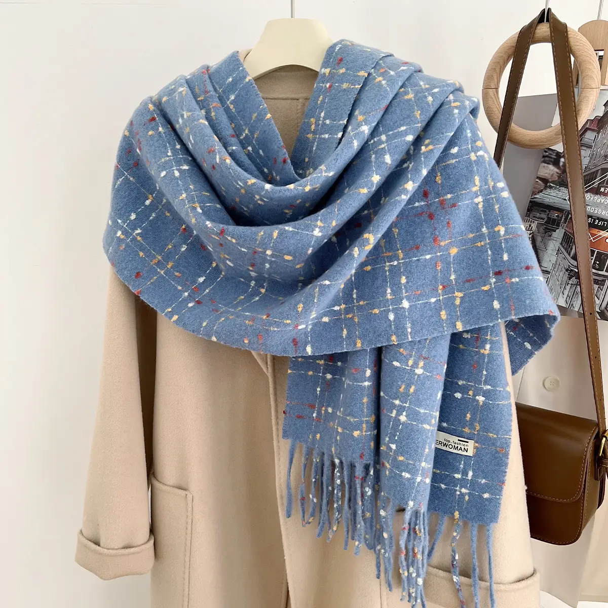 Red Cashmere Plaid Scarf for Women Autumn Winter Warm Shawl - Image 10