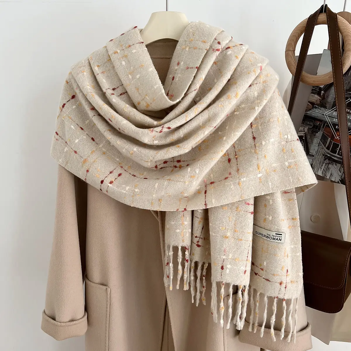 Red Cashmere Plaid Scarf for Women Autumn Winter Warm Shawl - Image 12
