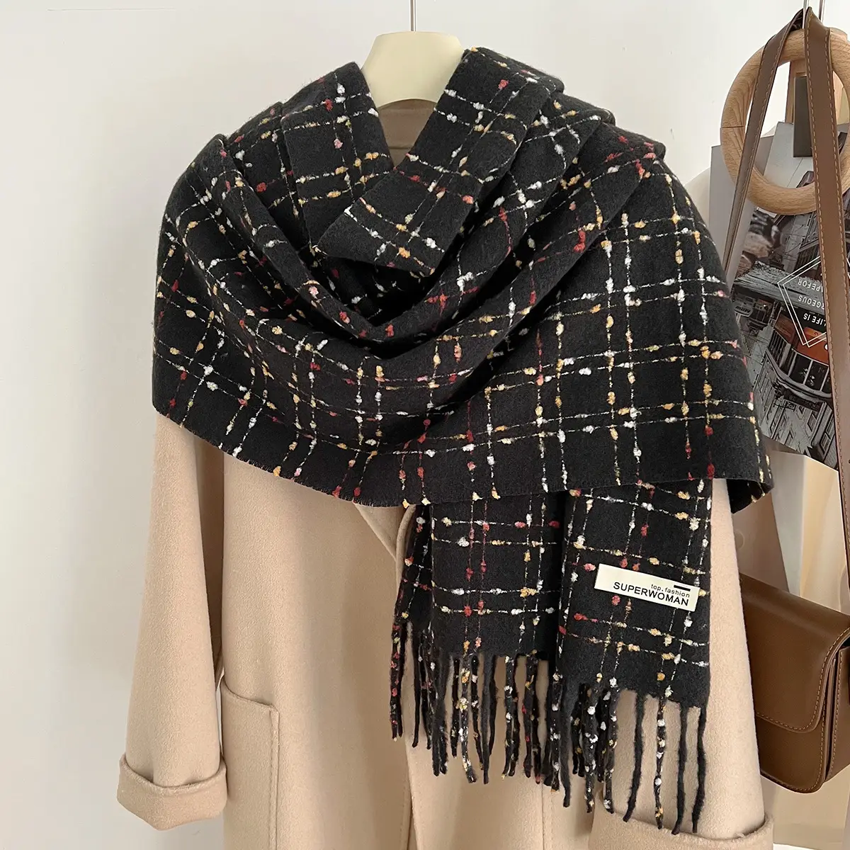 Red Cashmere Plaid Scarf for Women Autumn Winter Warm Shawl - Image 13