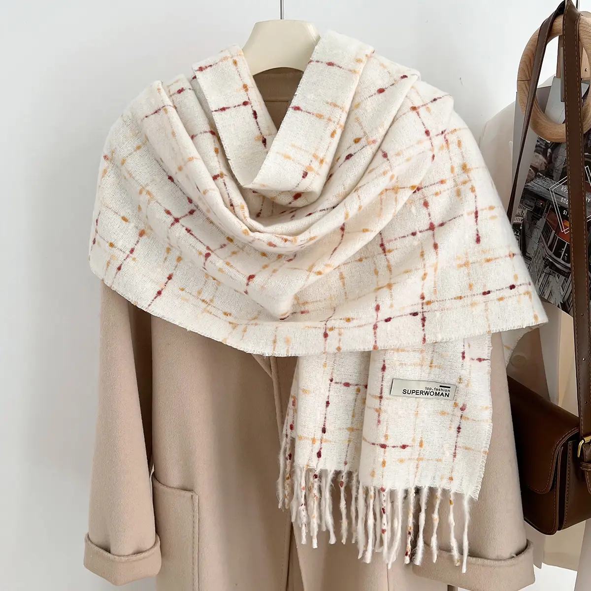 Red Cashmere Plaid Scarf for Women Autumn Winter Warm Shawl - Image 14