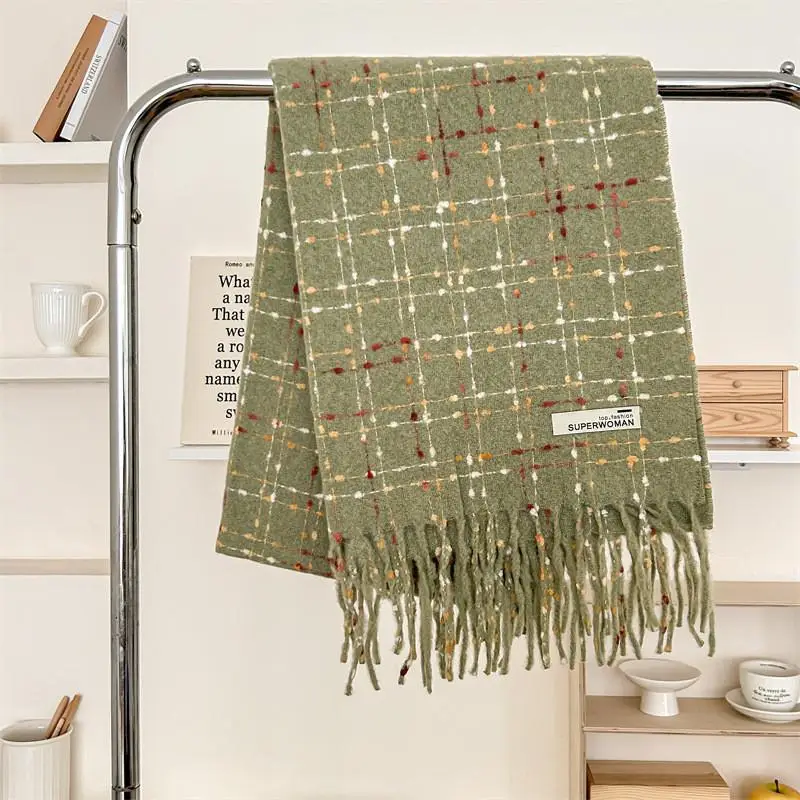 Red Cashmere Plaid Scarf for Women Autumn Winter Warm Shawl - Image 16