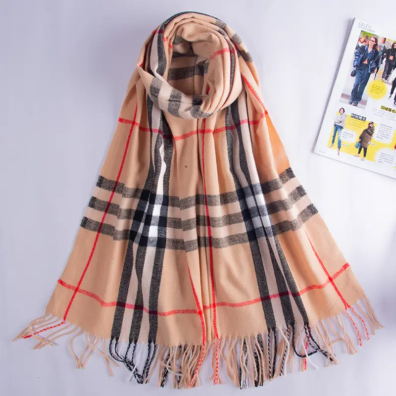 Red Cashmere Plaid Scarf for Women Autumn Winter Warm Shawl - Image 19