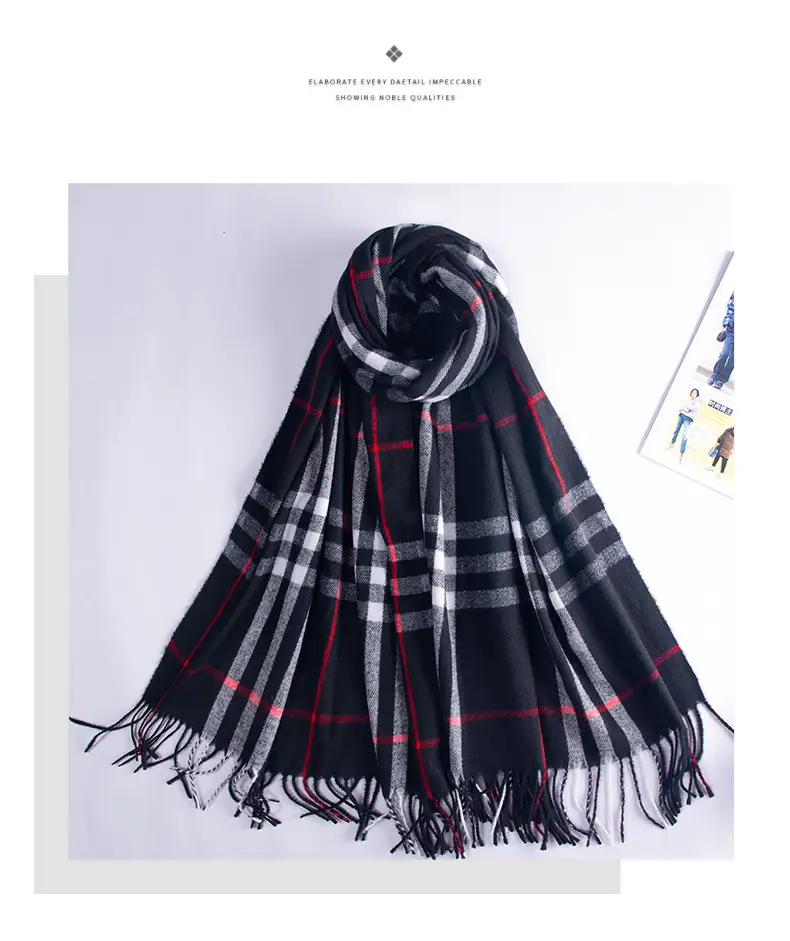 Red Cashmere Plaid Scarf for Women Autumn Winter Warm Shawl - Image 24