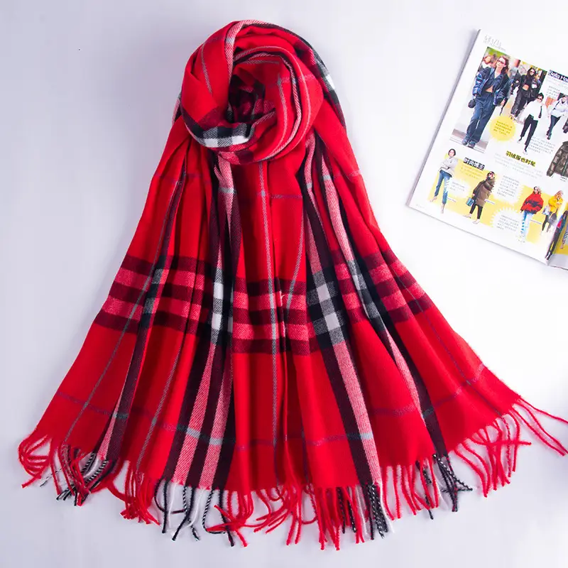 Red Cashmere Plaid Scarf for Women Autumn Winter Warm Shawl - Image 3
