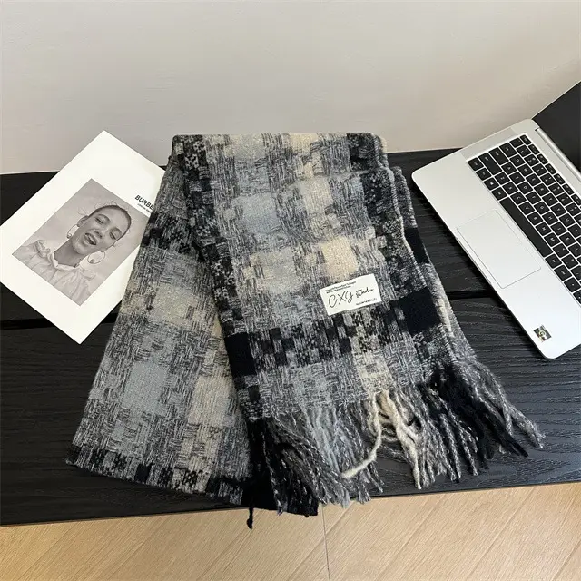 Red Cashmere Plaid Scarf for Women Autumn Winter Warm Shawl - Image 5