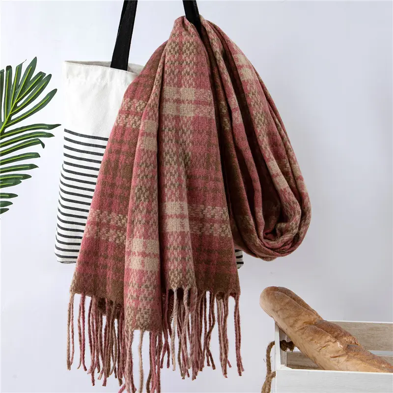 Red Cashmere Plaid Scarf for Women Autumn Winter Warm Shawl - Image 6