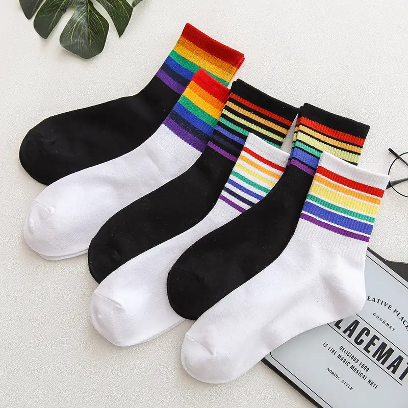 Colorful Striped Stockings Women's Trendy Korean Style College Style Couple's Stockings Japanese Style Boys Socks Stocking Personality Rainbow