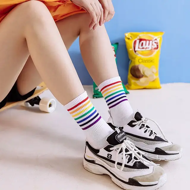 Colorful Striped Stockings Women's Trendy Korean Style College Style Couple's Stockings Japanese Style Boys Socks Stocking Personality Rainbow