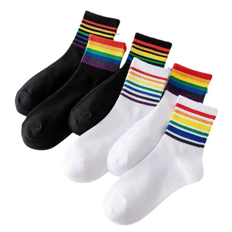 Colorful Striped Stockings Women's Trendy Korean Style College Style Couple's Stockings Japanese Style Boys Socks Stocking Personality Rainbow