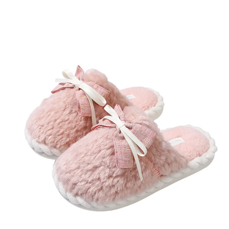 Women's Bow Lace Plush Slippers Warm Winter