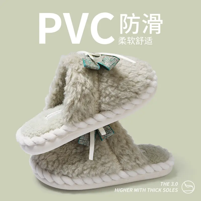 Women's Bow Lace Plush Slippers Warm Winter