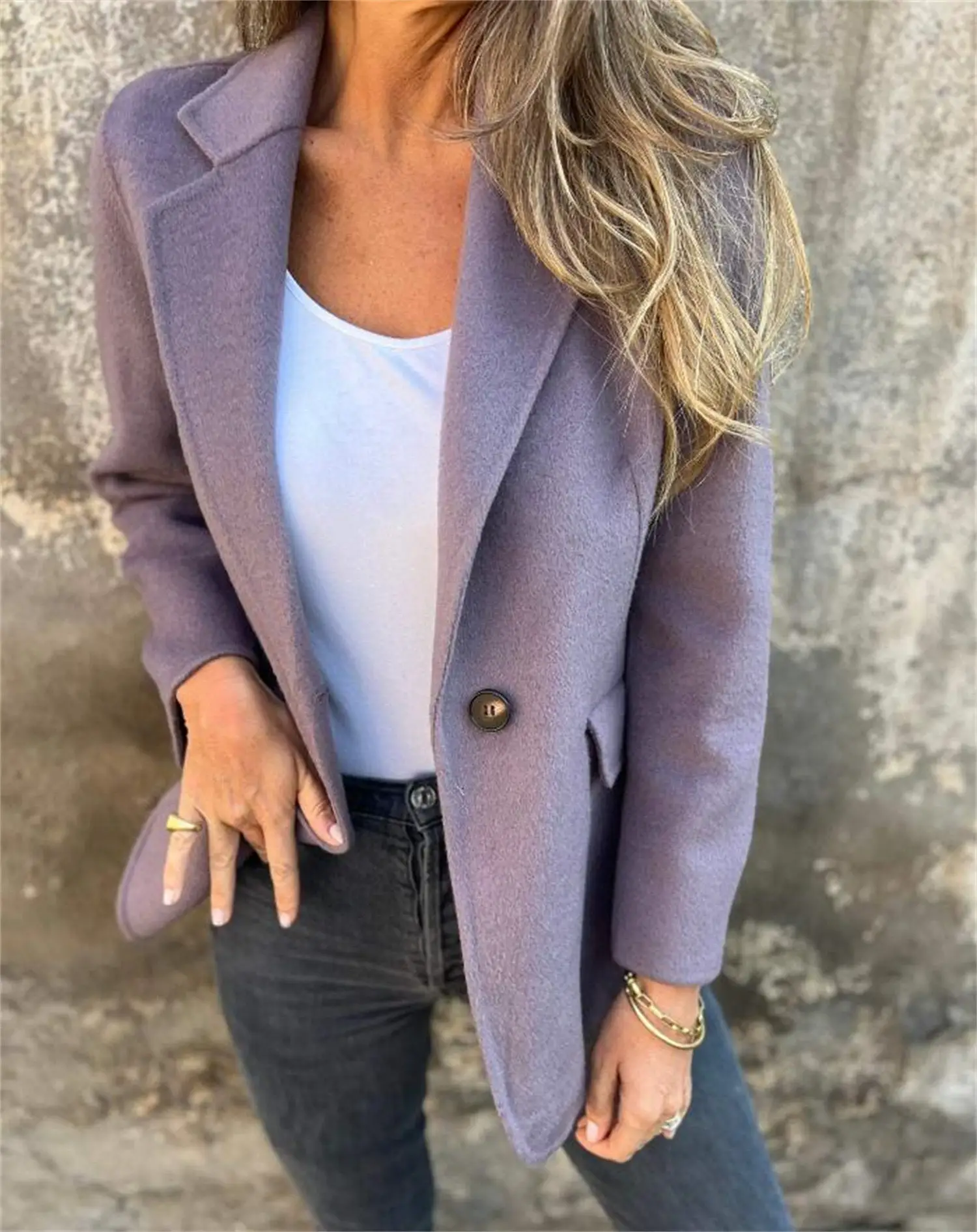 Women's Purple Pure Color Single Button Jacket - Image 4