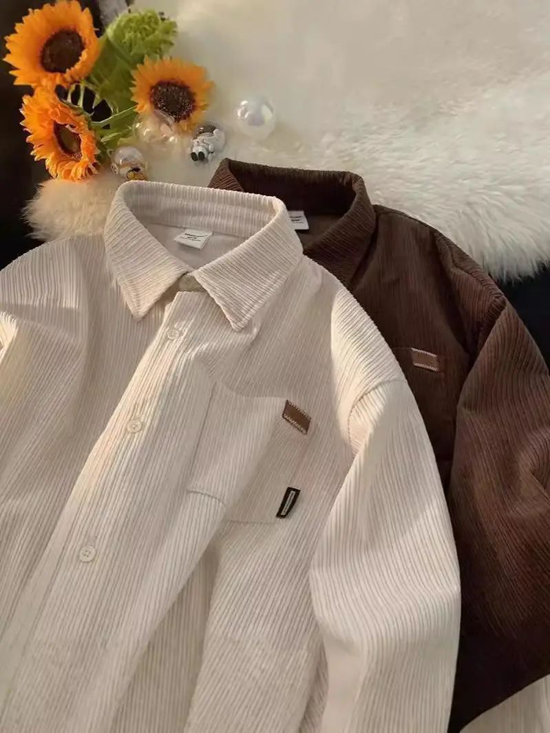Men's Long Sleeve Corduroy Shirt Cream Spring Autumn Loose Fit - Image 22