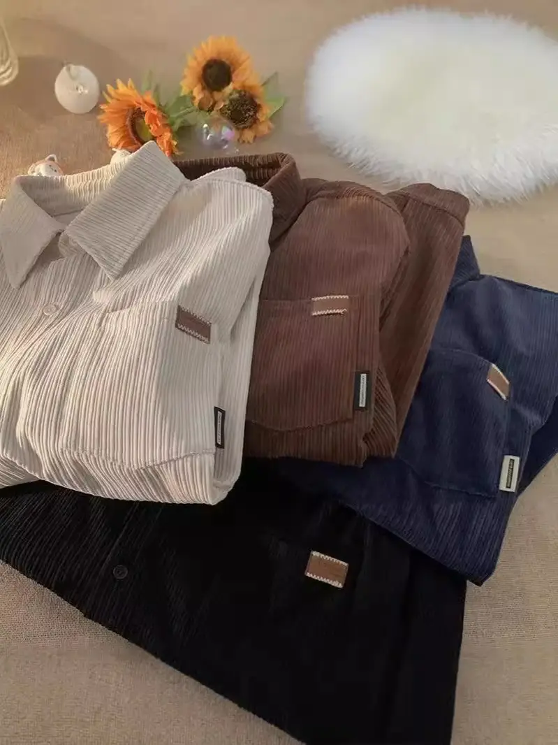 Men's Long Sleeve Corduroy Shirt Cream Spring Autumn Loose Fit - Image 23