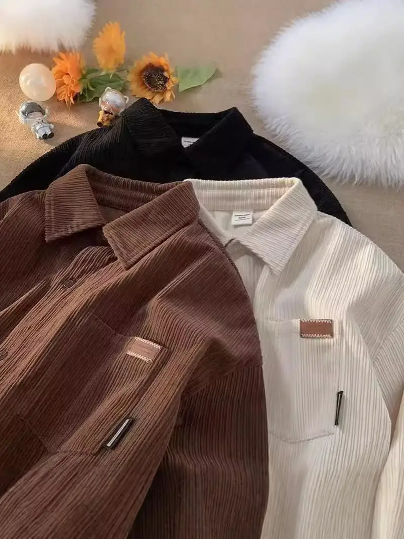 Men's Long Sleeve Corduroy Shirt Cream Spring Autumn Loose Fit - Image 24