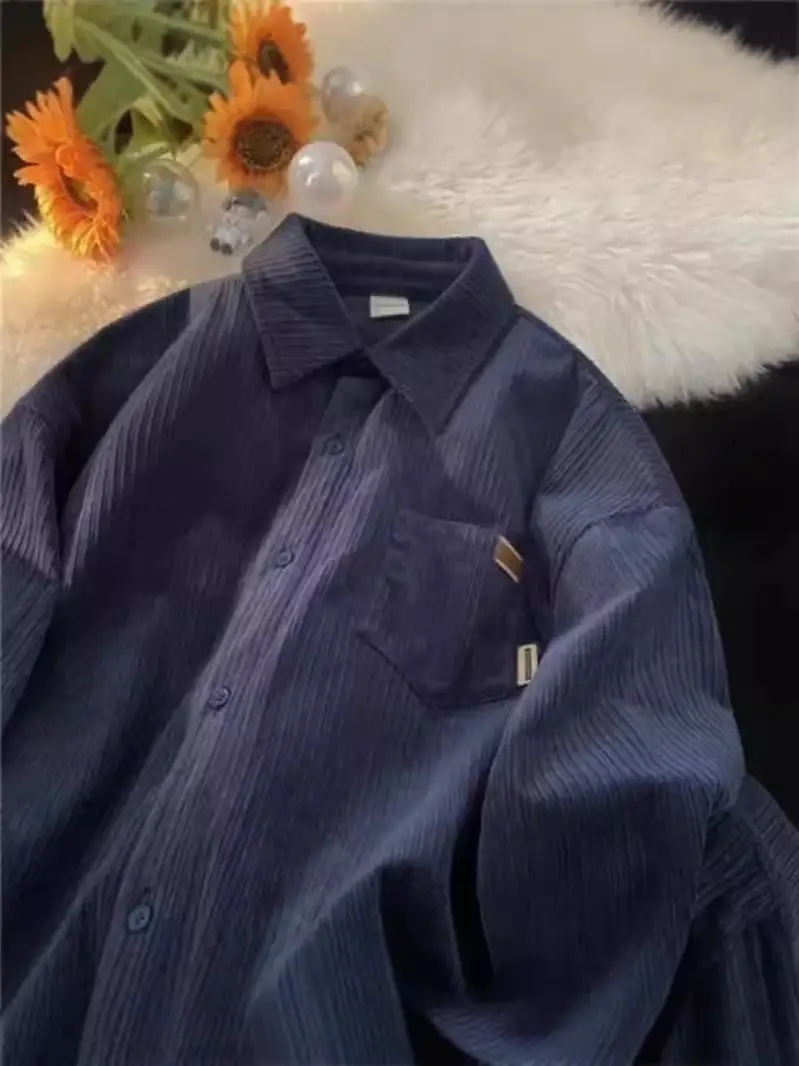 Men's Long Sleeve Corduroy Shirt Cream Spring Autumn Loose Fit - Image 25