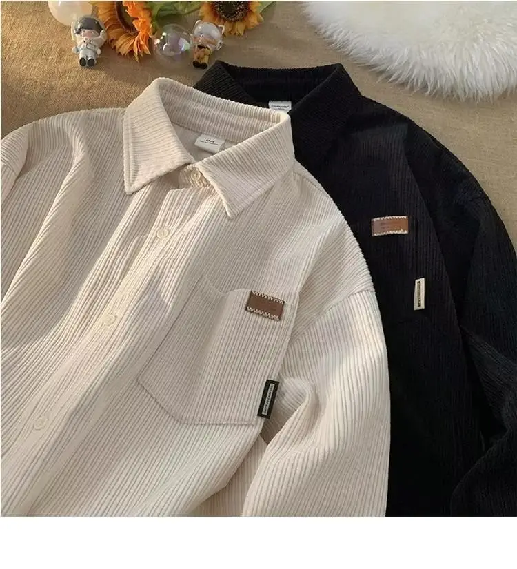 Men's Long Sleeve Corduroy Shirt Cream Spring Autumn Loose Fit — feature 10