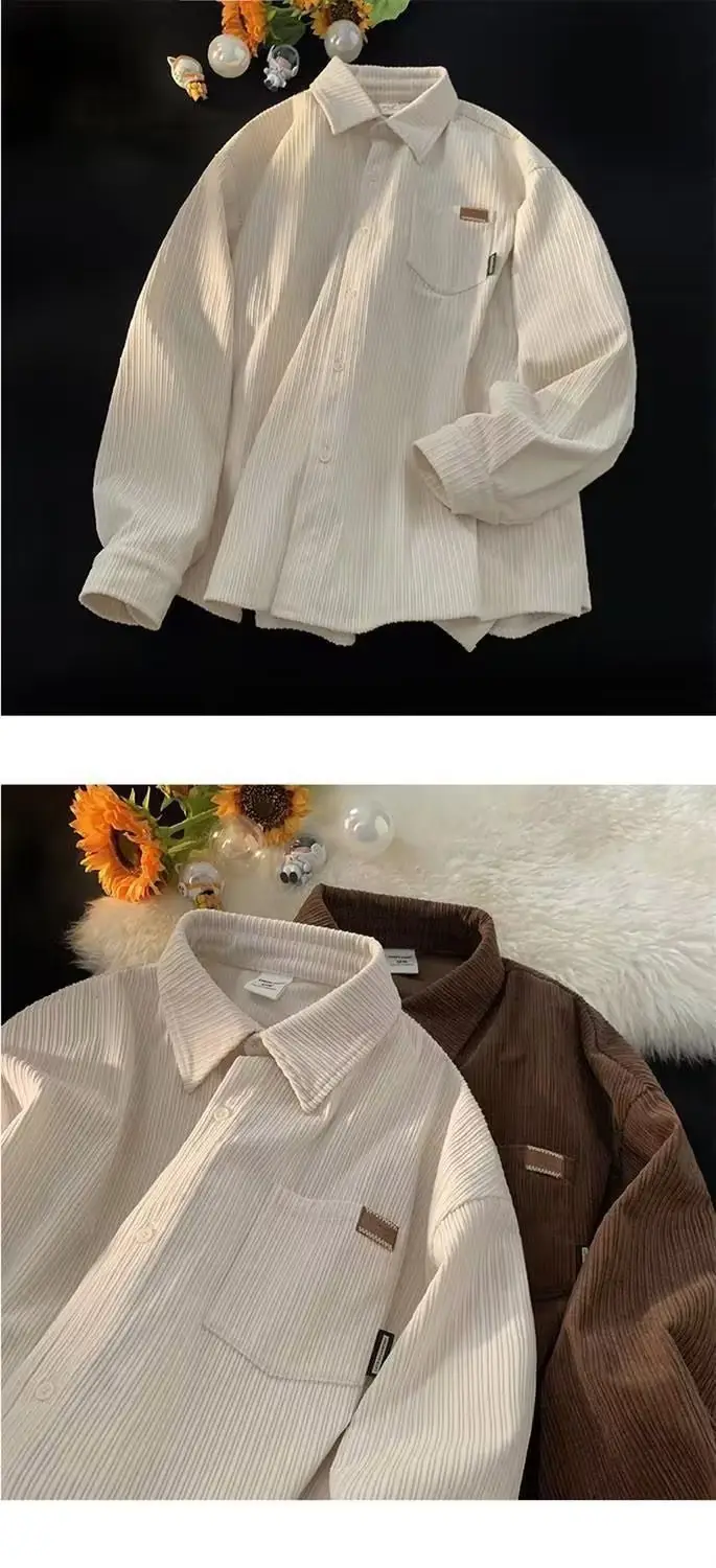 Men's Long Sleeve Corduroy Shirt Cream Spring Autumn Loose Fit — feature 2