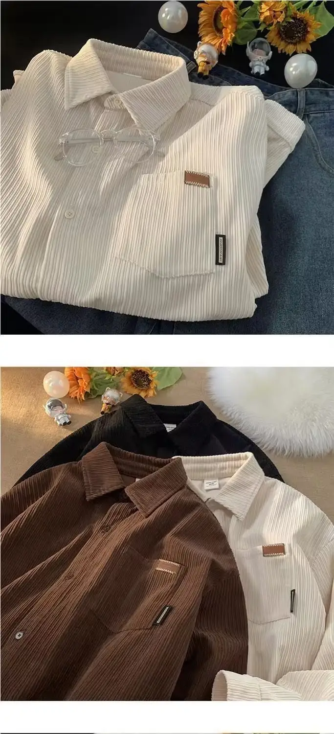 Men's Long Sleeve Corduroy Shirt Cream Spring Autumn Loose Fit — feature 3