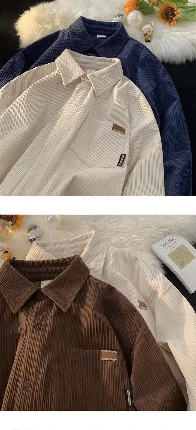 Men's Long Sleeve Corduroy Shirt Cream Spring Autumn Loose Fit — feature 4