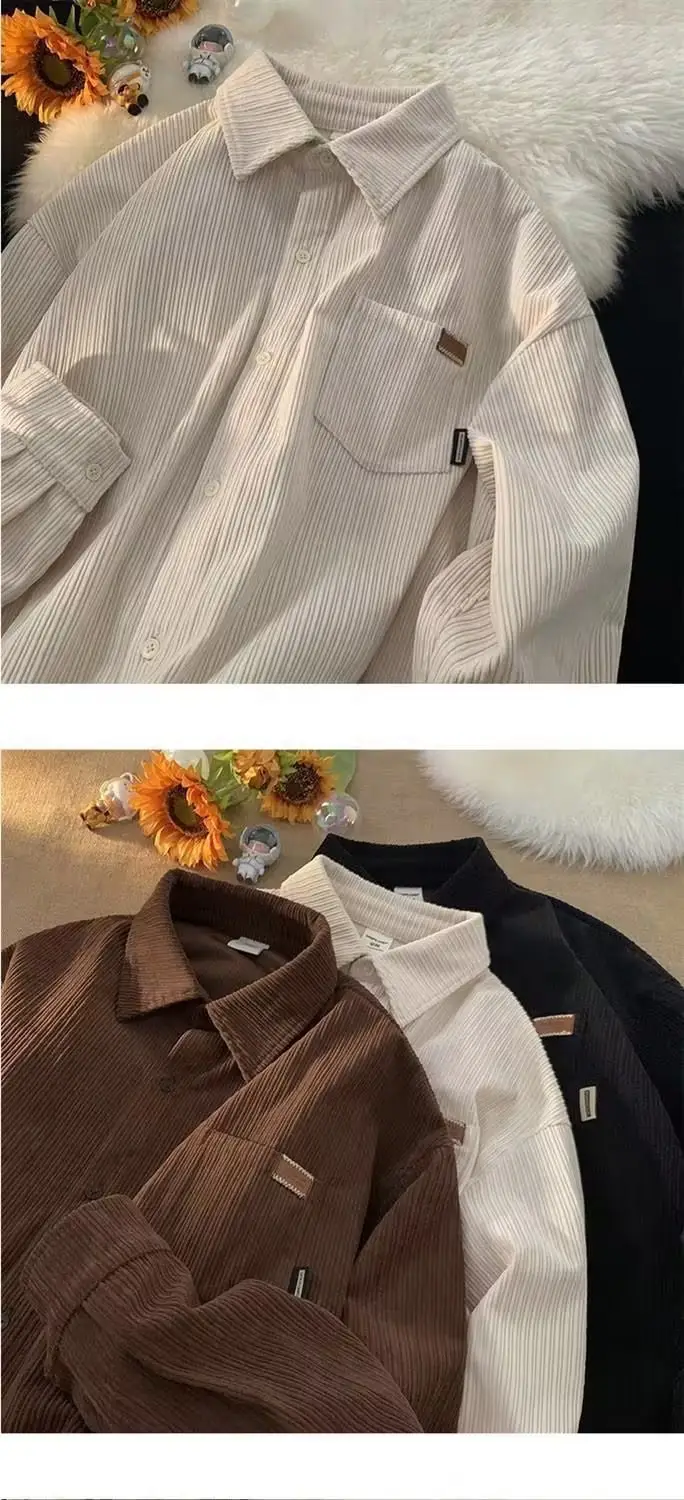 Men's Long Sleeve Corduroy Shirt Cream Spring Autumn Loose Fit — feature 5