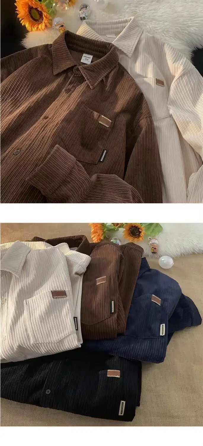 Men's Long Sleeve Corduroy Shirt Cream Spring Autumn Loose Fit — feature 6