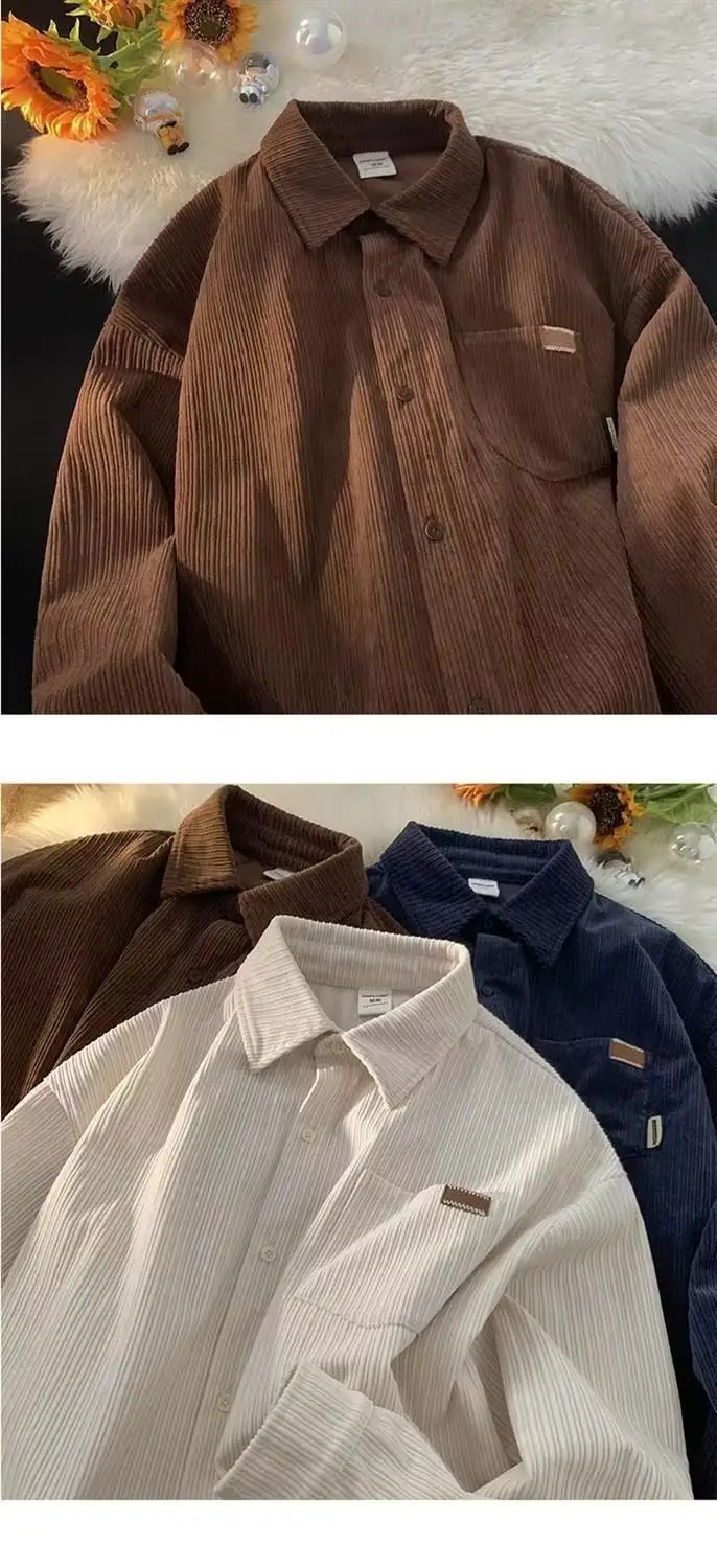Men's Long Sleeve Corduroy Shirt Cream Spring Autumn Loose Fit — feature 7