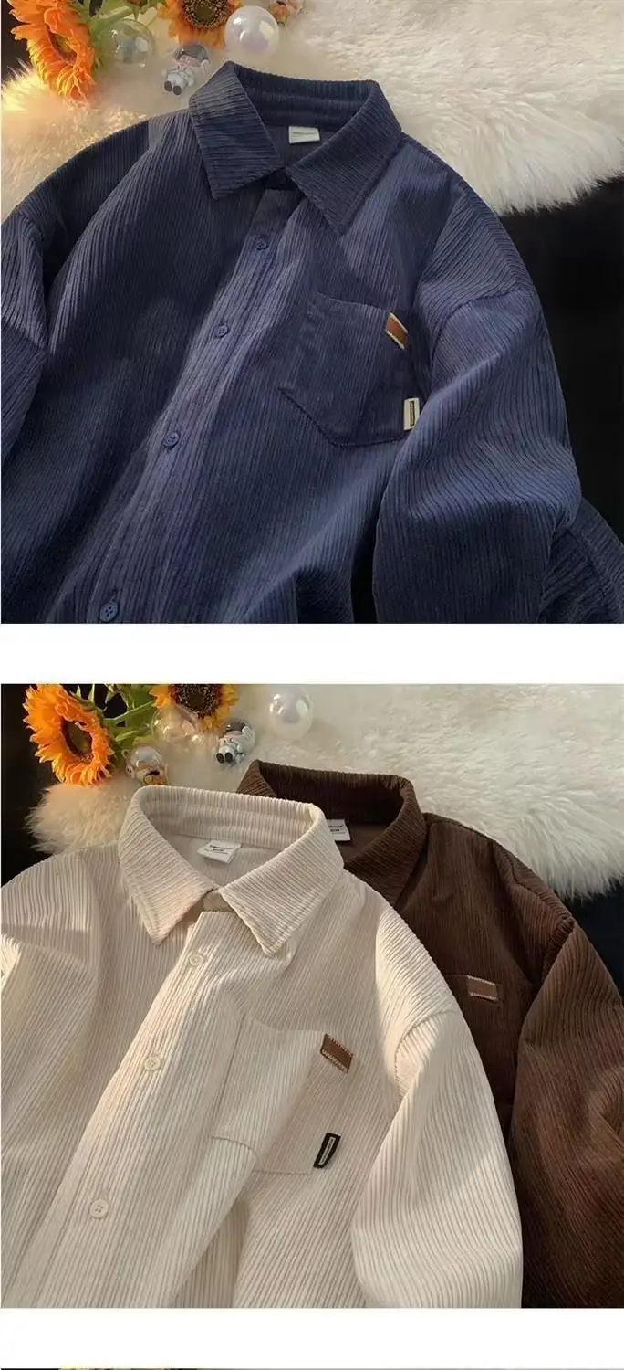 Men's Long Sleeve Corduroy Shirt Cream Spring Autumn Loose Fit — feature 8