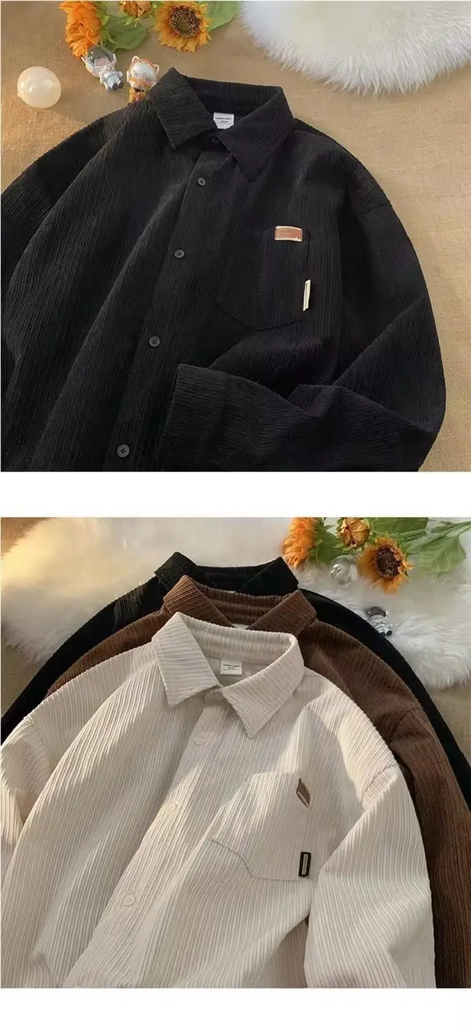 Men's Long Sleeve Corduroy Shirt Cream Spring Autumn Loose Fit — feature 9