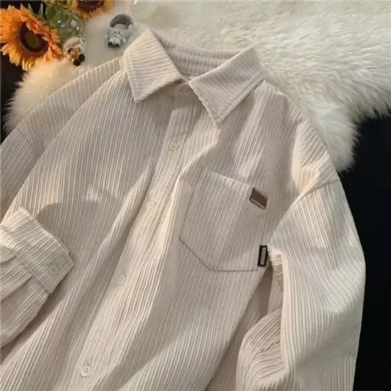 Men's Long Sleeve Corduroy Shirt Cream Spring Autumn Loose Fit - Image 20