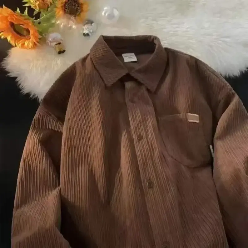 Men's Long Sleeve Corduroy Shirt Cream Spring Autumn Loose Fit - Image 4