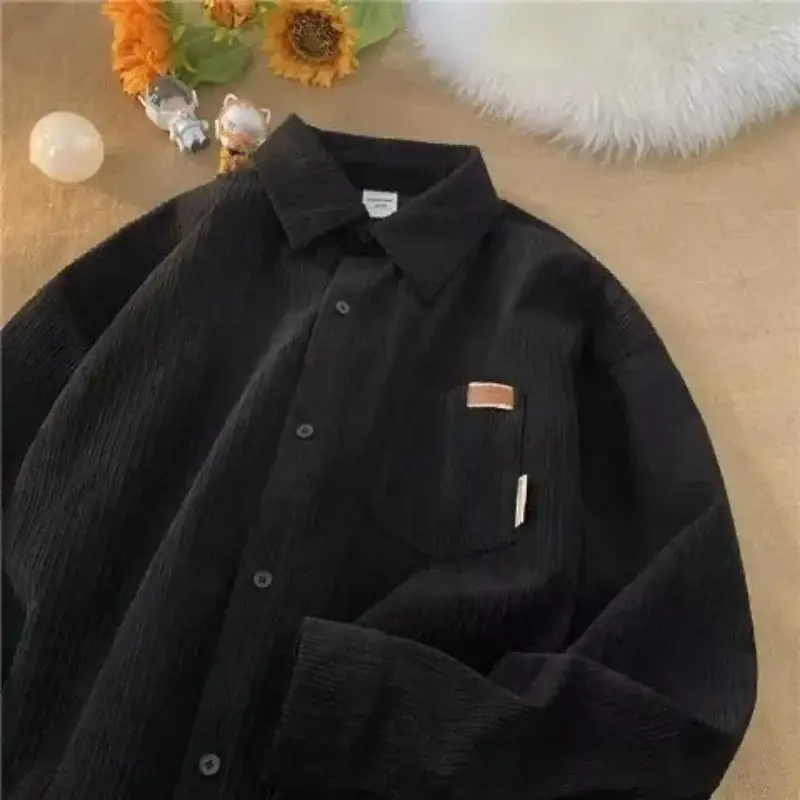 Men's Long Sleeve Corduroy Shirt Cream Spring Autumn Loose Fit - Image 7