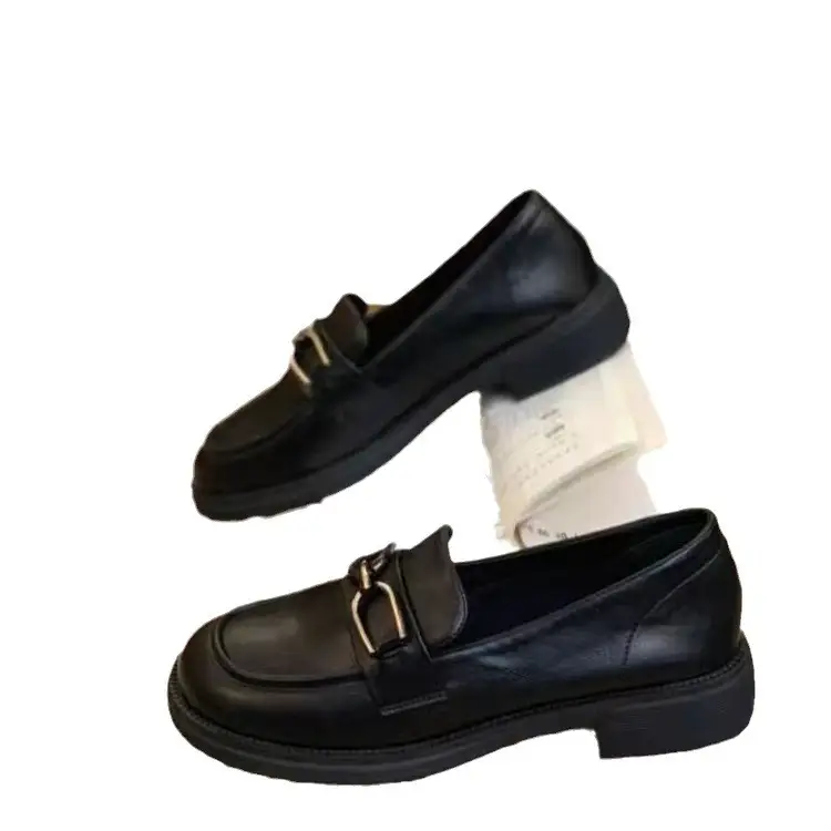 Black Small Leather Shoes Women's British Style Slip-on Loafers 2024 New All-match Women's Shoes Autumn Flat Single Shoes