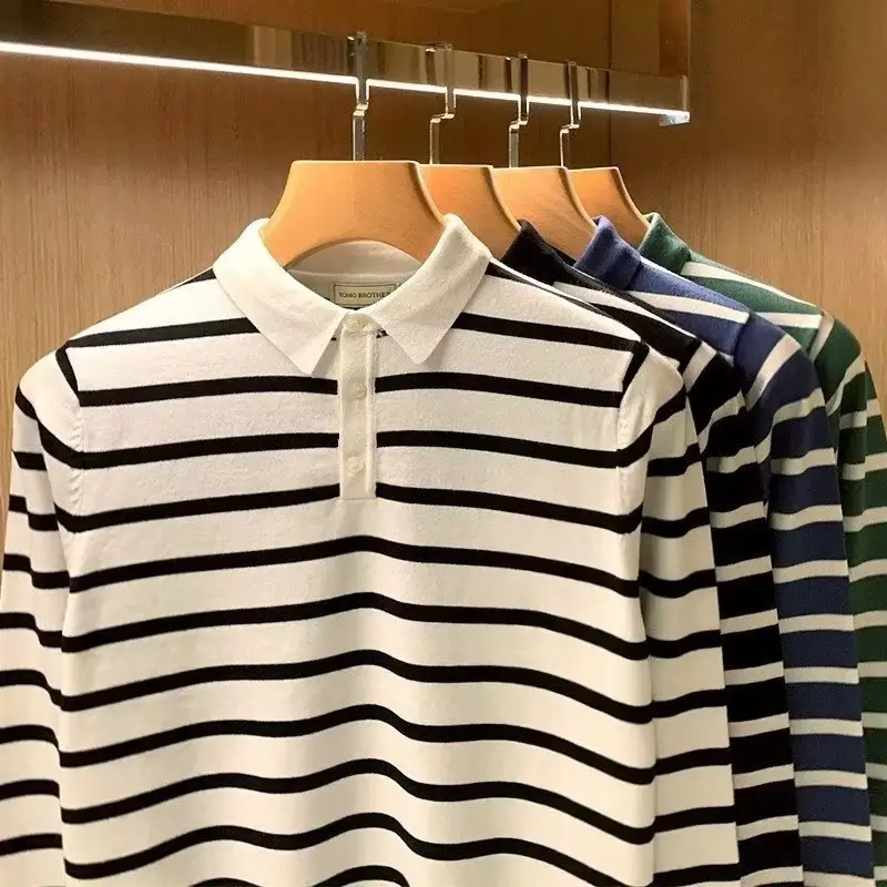 Men Blue Striped Polo Shirt Light Mature Style - Image 4