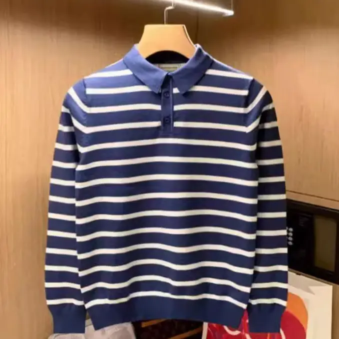 Men Blue Striped Polo Shirt Light Mature Style - Image 6