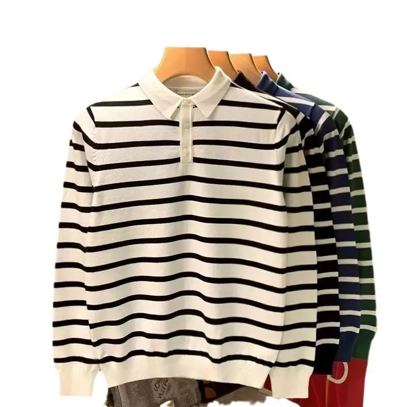 Men Blue Striped Polo Shirt Light Mature Style - Image 7