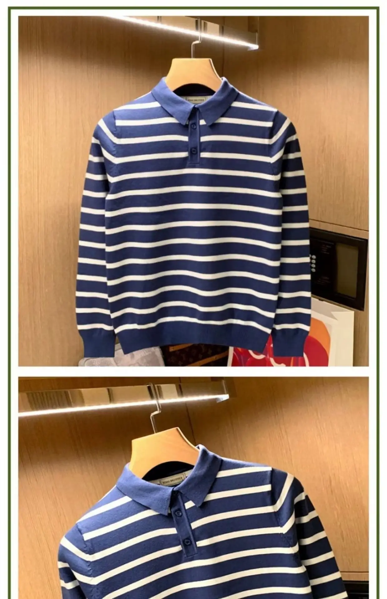 Men Blue Striped Polo Shirt Light Mature Style — feature 8