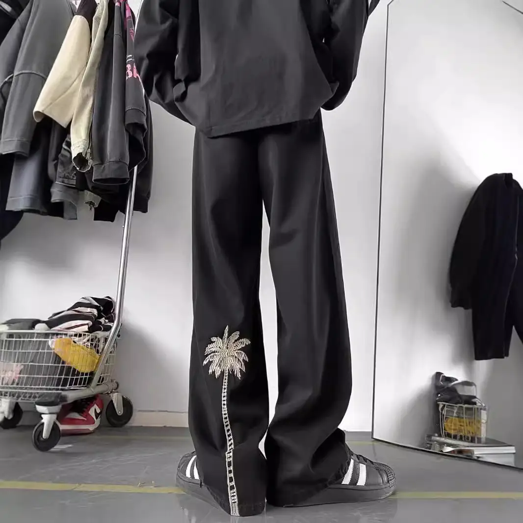 Men's Pure Black Embroidered Straight Pants Winter Ruffian Handsome