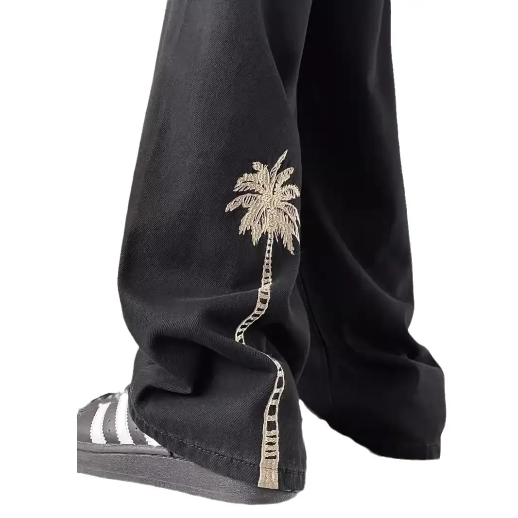 Men's Pure Black Embroidered Straight Pants Winter Ruffian Handsome