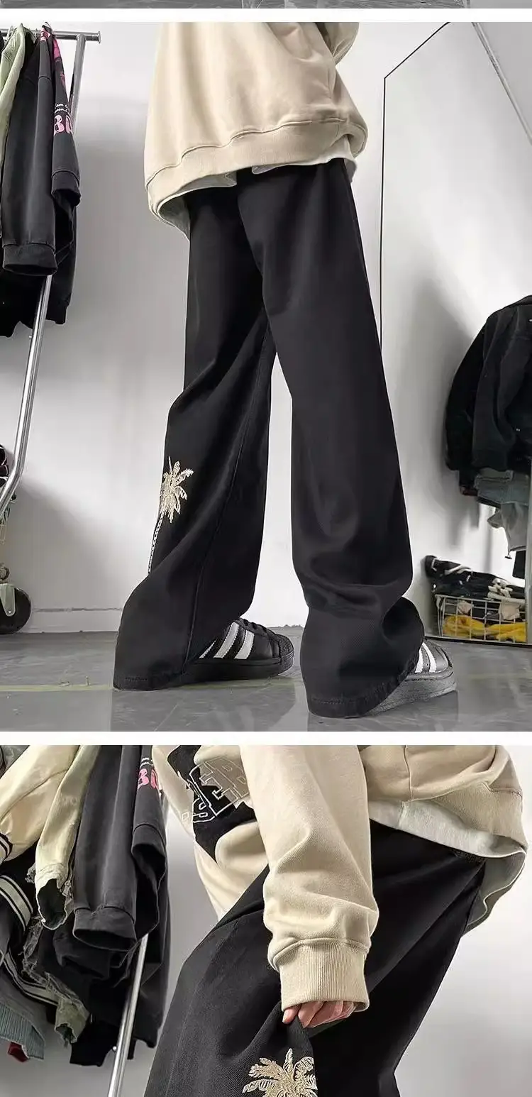 Men's Pure Black Embroidered Straight Pants Winter Ruffian Handsome — feature 3