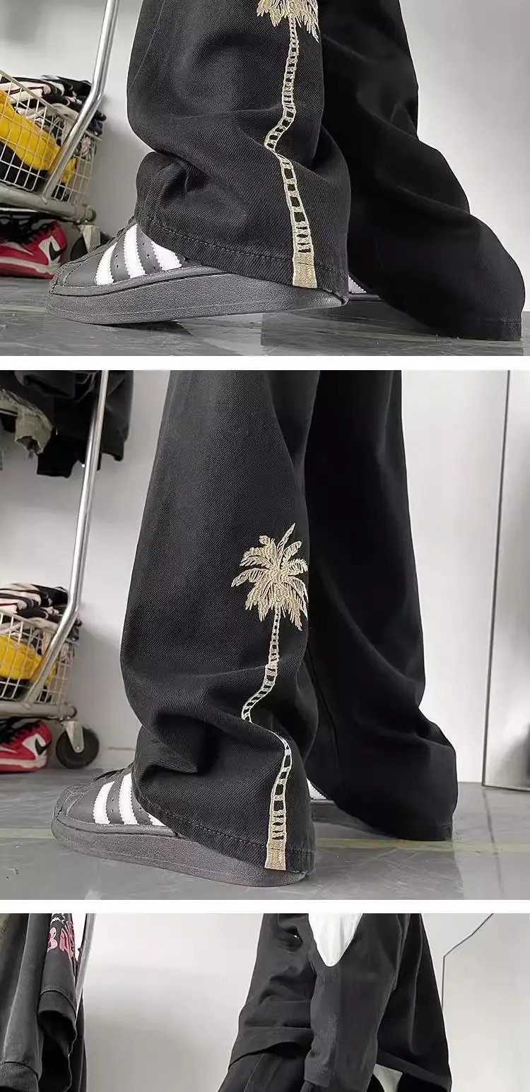 Men's Pure Black Embroidered Straight Pants Winter Ruffian Handsome — feature 4