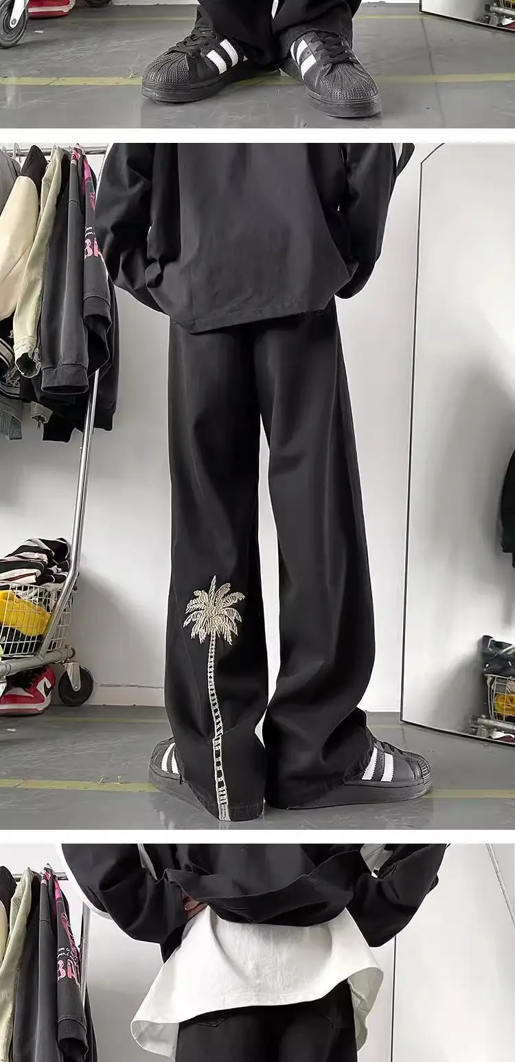 Men's Pure Black Embroidered Straight Pants Winter Ruffian Handsome — feature 8