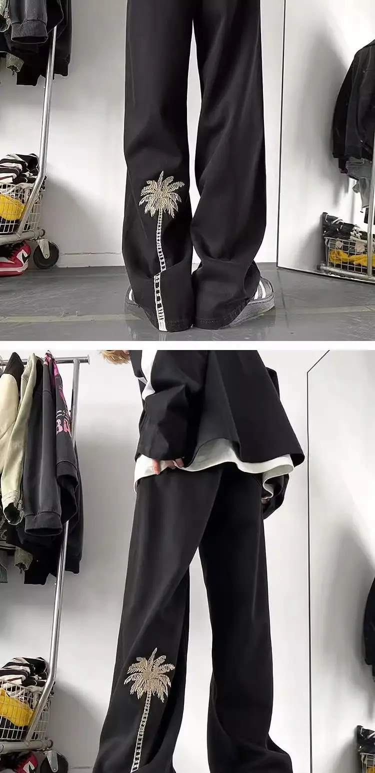 Men's Pure Black Embroidered Straight Pants Winter Ruffian Handsome — feature 9