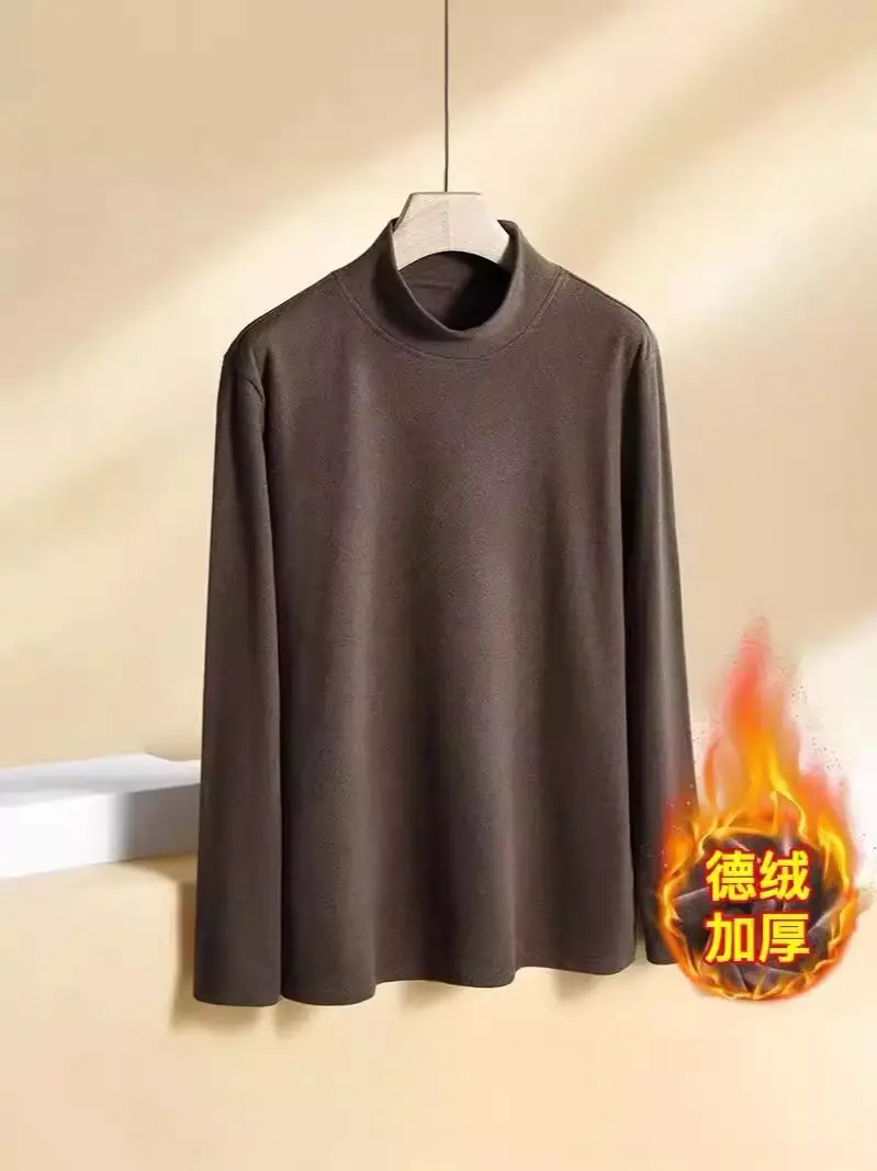 Men's Warm Double-Sided Velvet T-Shirt Brown - Image 12