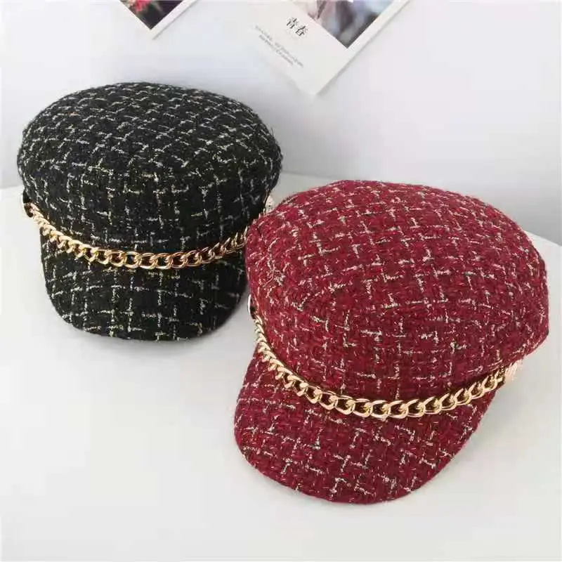 Women Plaid Woolen Berets Navy Cap Autumn Winter Military Style - Image 7