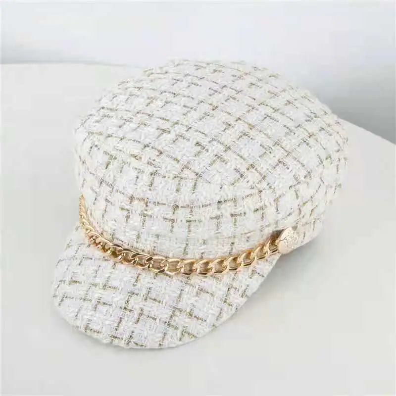 Women Plaid Woolen Berets Navy Cap Autumn Winter Military Style — feature 10